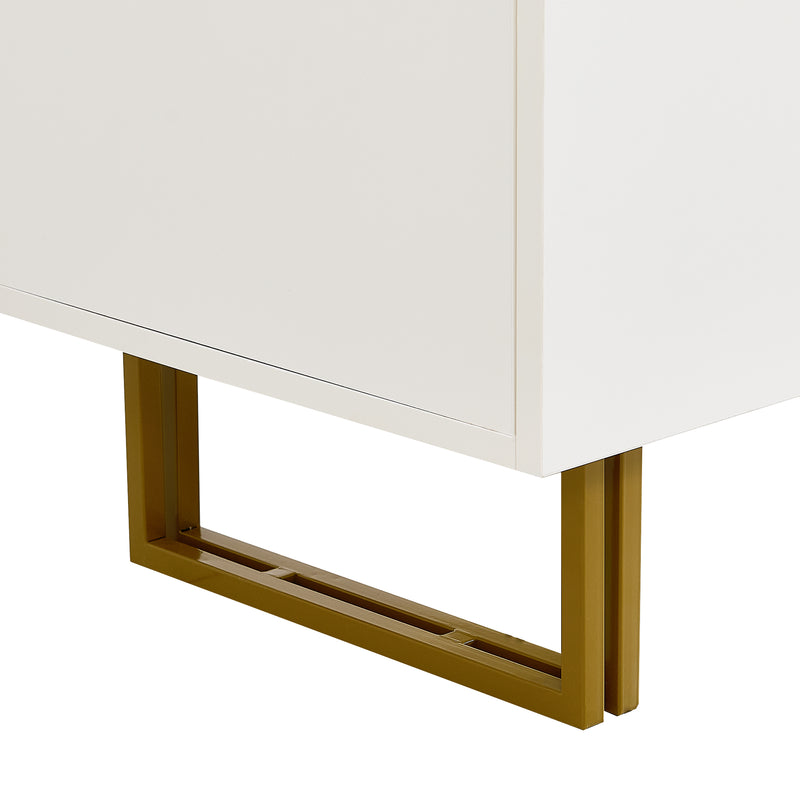 Buffet blanc laqué avec rainures verticales, tiroirs et accents dorés - design moderne FULLERENE