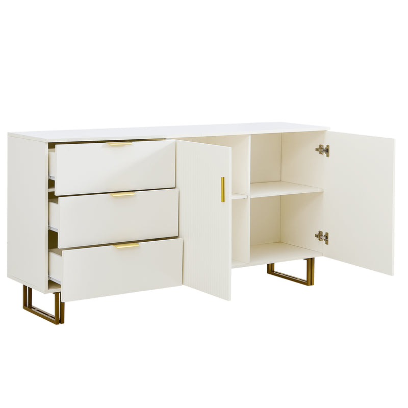 Buffet blanc laqué avec rainures verticales, tiroirs et accents dorés - design moderne FULLERENE