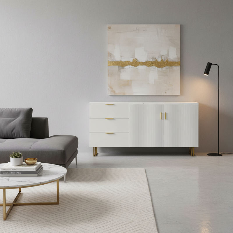 Buffet blanc laqué avec rainures verticales, tiroirs et accents dorés - design moderne FULLERENE