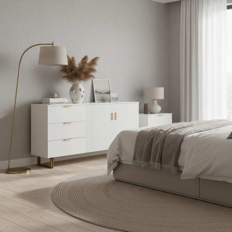 Buffet blanc laqué avec rainures verticales, tiroirs et accents dorés - design moderne FULLERENE