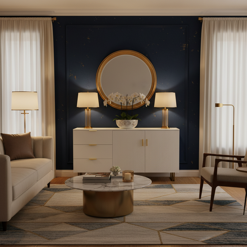 Buffet blanc laqué avec rainures verticales, tiroirs et accents dorés - design moderne FULLERENE