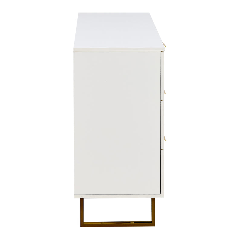 Buffet blanc laqué avec rainures verticales, tiroirs et accents dorés - design moderne FULLERENE
