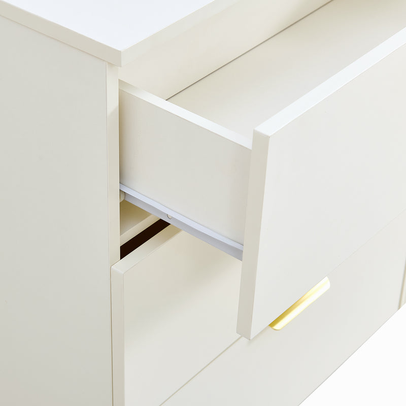 Buffet blanc laqué avec rainures verticales, tiroirs et accents dorés - design moderne FULLERENE