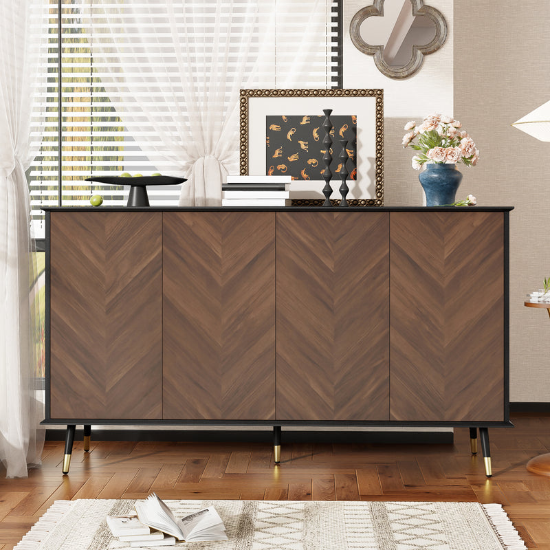 Buffet vintage effet bois et noir motif chevrons 4 portes pieds dorés CEDARFIELD