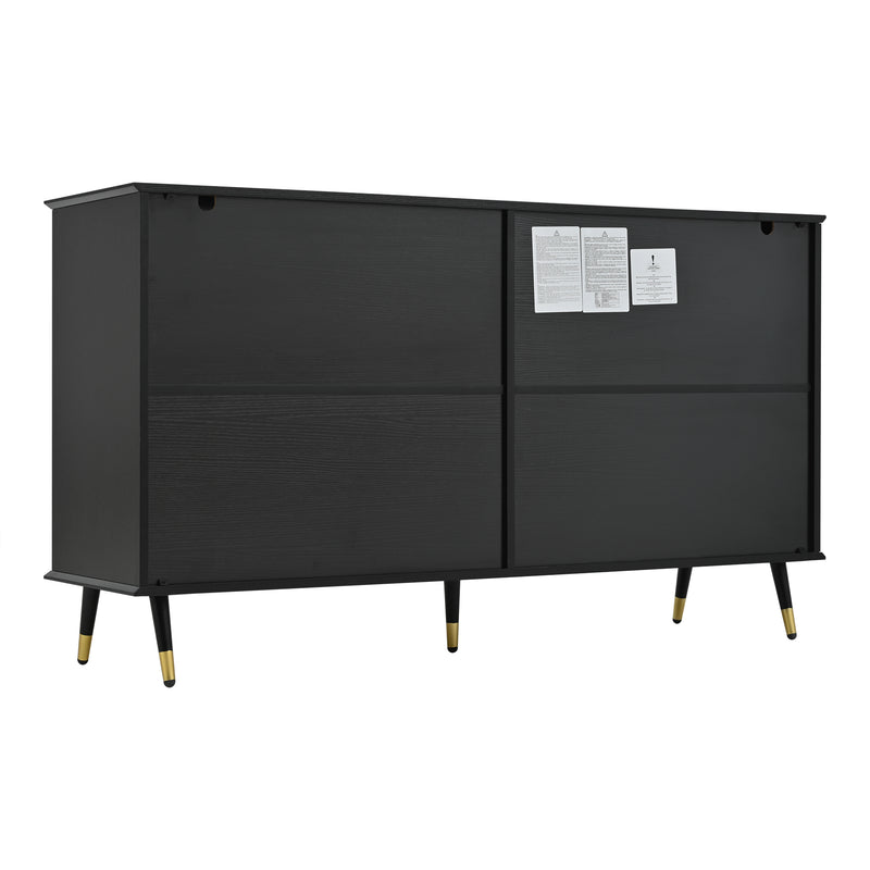 Buffet vintage effet bois et noir motif chevrons 4 portes pieds dorés CEDARFIELD