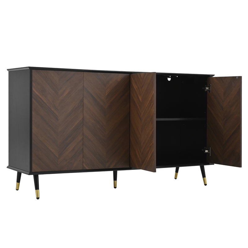 Buffet vintage effet bois et noir motif chevrons 4 portes pieds dorés CEDARFIELD