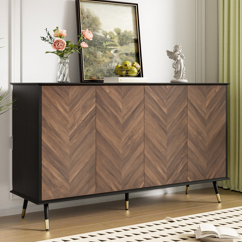 Buffet vintage effet bois et noir motif chevrons 4 portes pieds dorés CEDARFIELD
