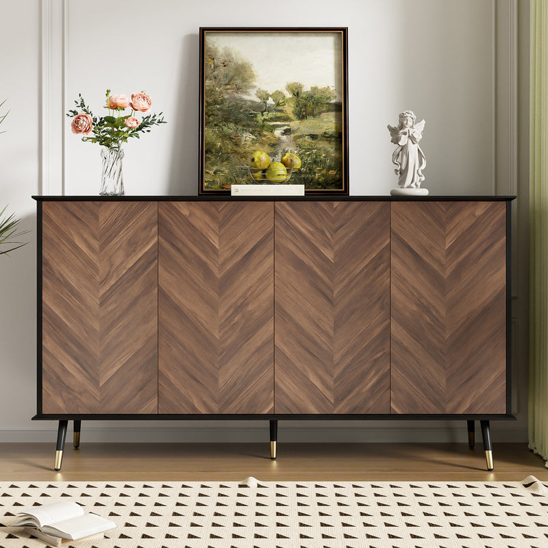 Buffet vintage effet bois et noir motif chevrons 4 portes pieds dorés CEDARFIELD
