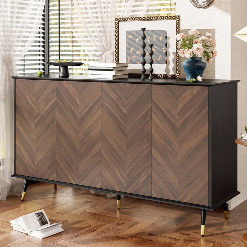 Buffet vintage effet bois et noir motif chevrons 4 portes pieds dorés CEDARFIELD