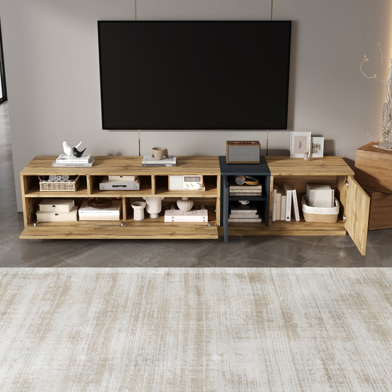 Meuble TV effet bois design asymétrique 3 portes et gris RAVINECALL