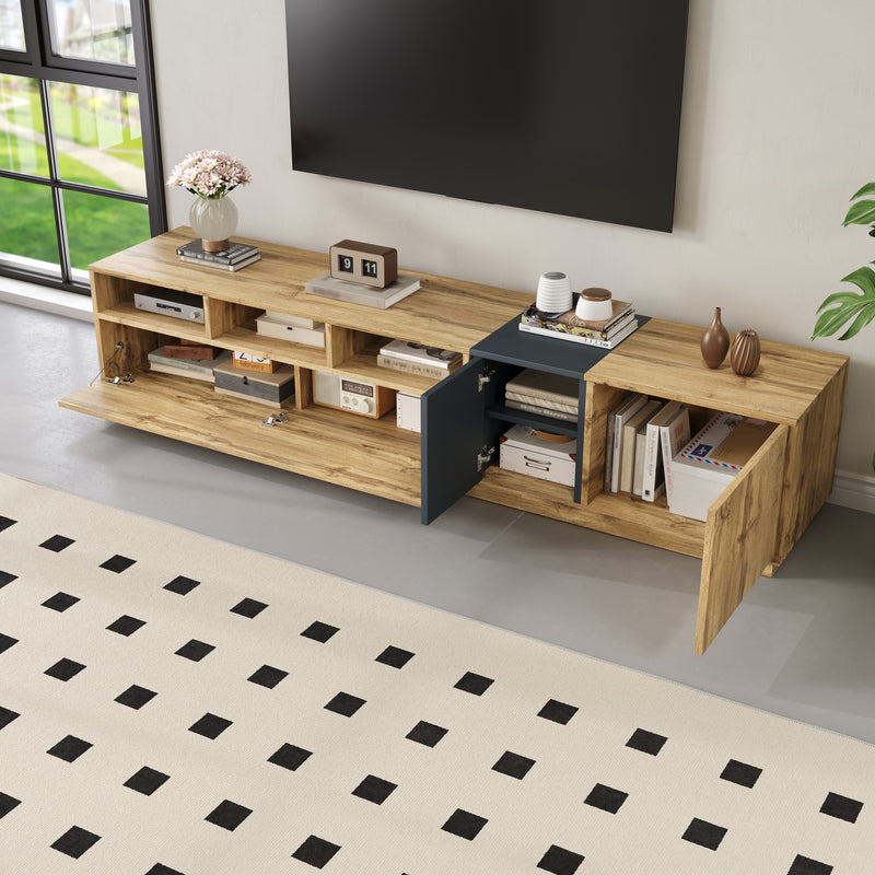 Meuble TV effet bois design asymétrique 3 portes et gris RAVINECALL