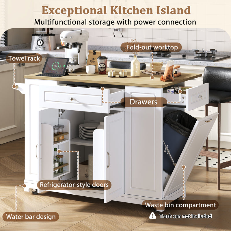 Îlot de cuisine blanc avec roulettes, extensible, prise recharge et USB avec compartiment à poubelle MUSCULAR