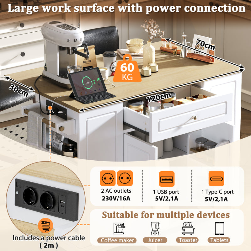 Îlot de cuisine blanc avec roulettes, extensible, prise recharge et USB avec compartiment à poubelle MUSCULAR