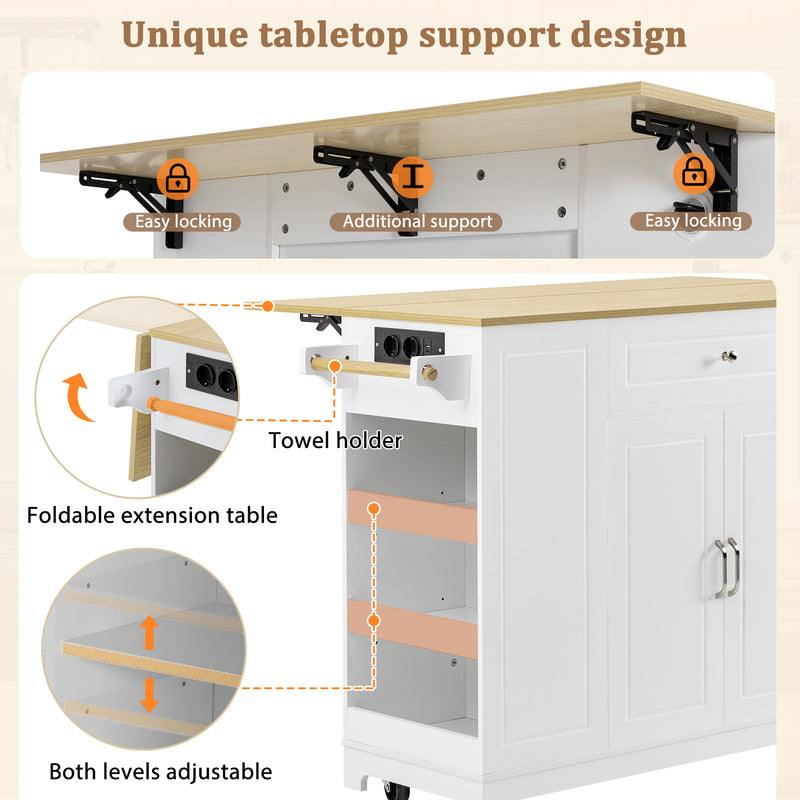 Îlot de cuisine blanc avec roulettes, extensible, prise recharge et USB avec compartiment à poubelle MUSCULAR