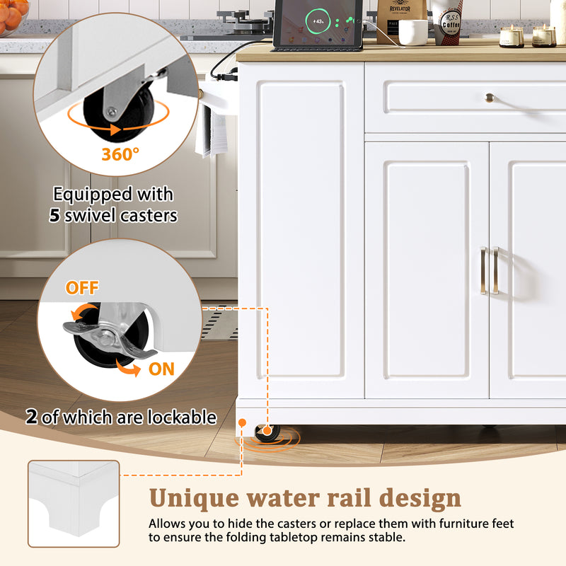 Îlot de cuisine blanc avec roulettes, extensible, prise recharge et USB avec compartiment à poubelle MUSCULAR