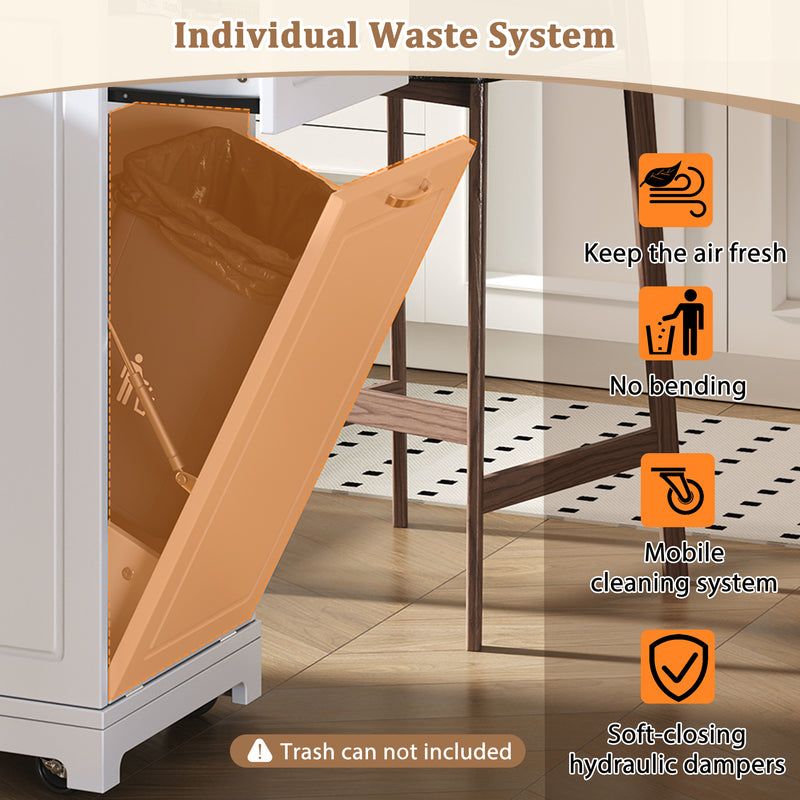 Îlot de cuisine blanc avec roulettes, extensible, prise recharge et USB avec compartiment à poubelle MUSCULAR