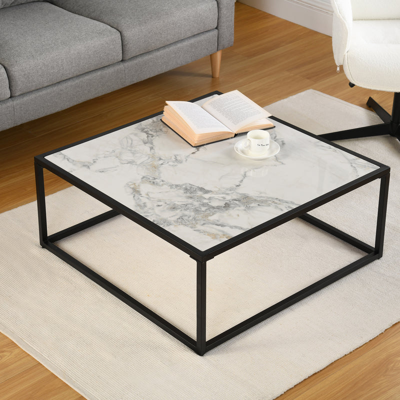 Table basse carrée pierre effet marbre blanc structure noir 80x80cm GAZUDS