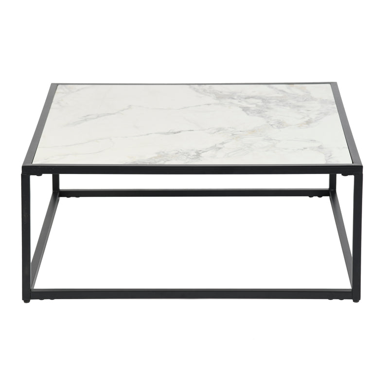 Table basse carrée pierre effet marbre blanc structure noir 80x80cm GAZUDS