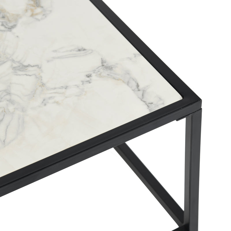 Table basse carrée pierre effet marbre blanc structure noir 80x80cm GAZUDS