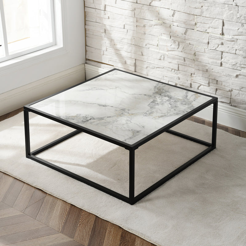 Table basse carrée pierre effet marbre blanc structure noir 80x80cm GAZUDS