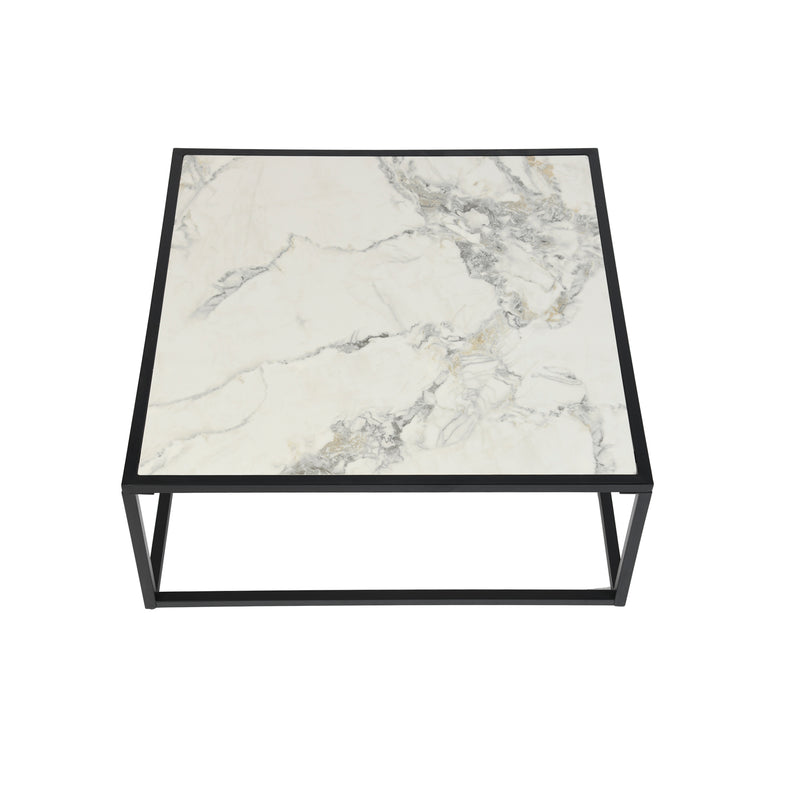 Table basse carrée pierre effet marbre blanc structure noir 80x80cm GAZUDS