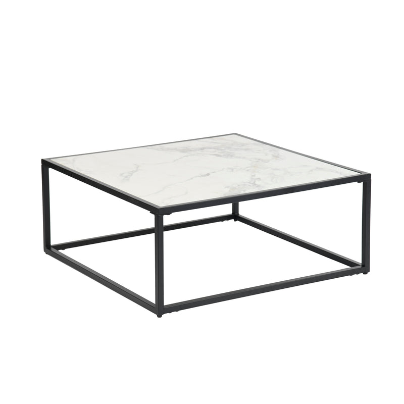 Table basse carrée pierre effet marbre blanc structure noir 80x80cm GAZUDS