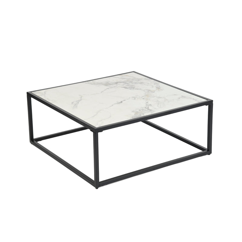 Table basse carrée pierre effet marbre blanc structure noir 80x80cm GAZUDS