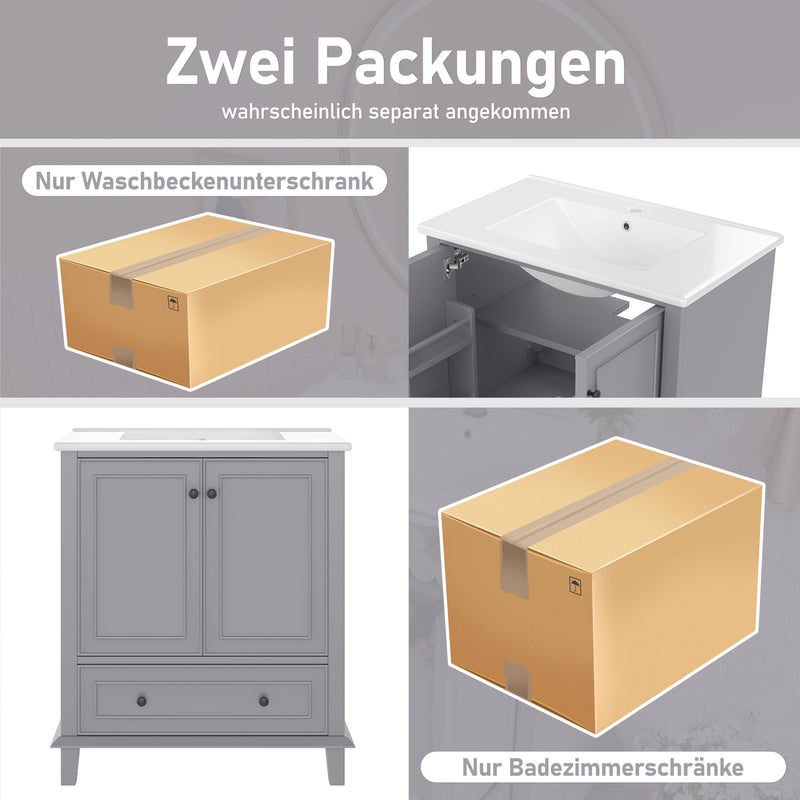 Meuble vasque gris sur pied avec vasque en céramique intégrée, double portes, tiroir et étagères (robinet non inclus) GELATIN