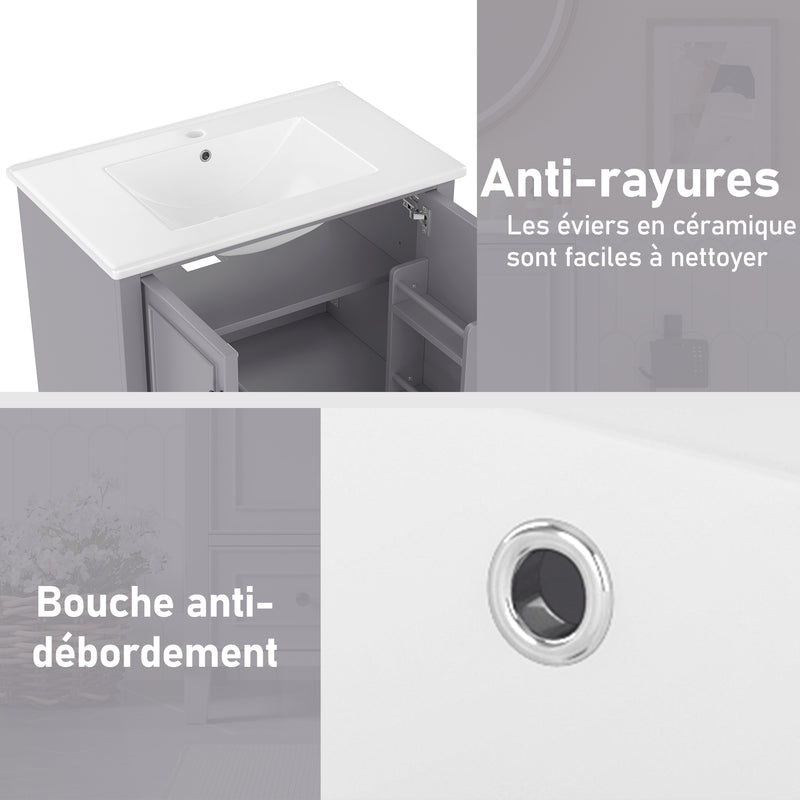 Meuble vasque gris sur pied avec vasque en céramique intégrée, double portes, tiroir et étagères (robinet non inclus) GELATIN