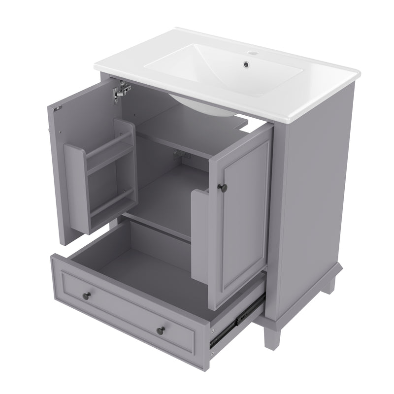 Meuble vasque gris sur pied avec vasque en céramique intégrée, double portes, tiroir et étagères (robinet non inclus) GELATIN