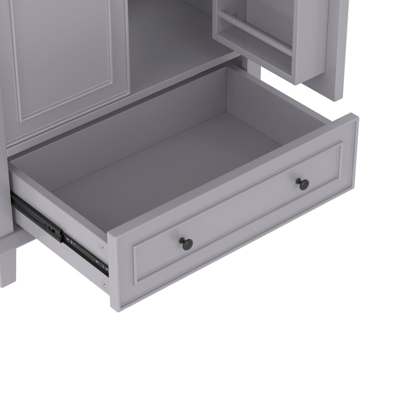 Meuble vasque gris sur pied avec vasque en céramique intégrée, double portes, tiroir et étagères (robinet non inclus) GELATIN