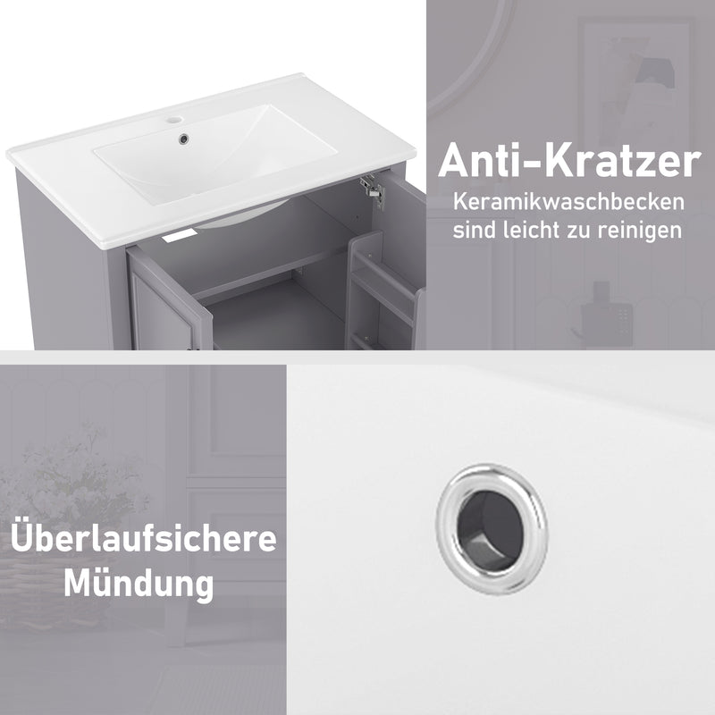 Meuble vasque gris sur pied avec vasque en céramique intégrée, double portes, tiroir et étagères (robinet non inclus) GELATIN