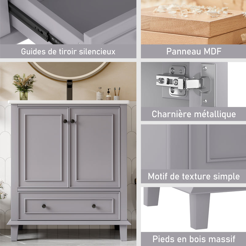 Meuble vasque gris sur pied avec vasque en céramique intégrée, double portes, tiroir et étagères (robinet non inclus) GELATIN