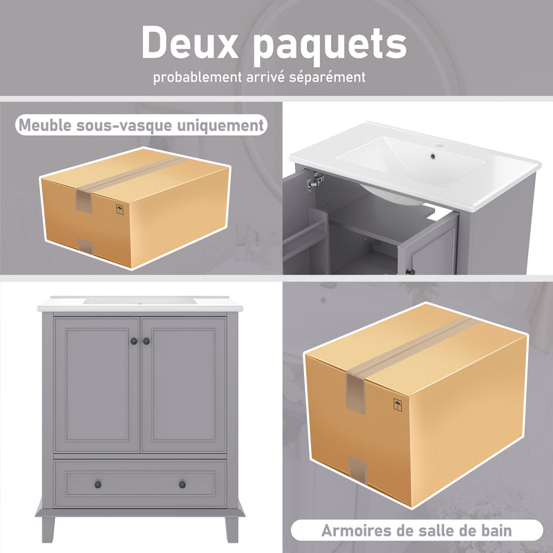 Meuble vasque gris sur pied avec vasque en céramique intégrée, double portes, tiroir et étagères (robinet non inclus) GELATIN