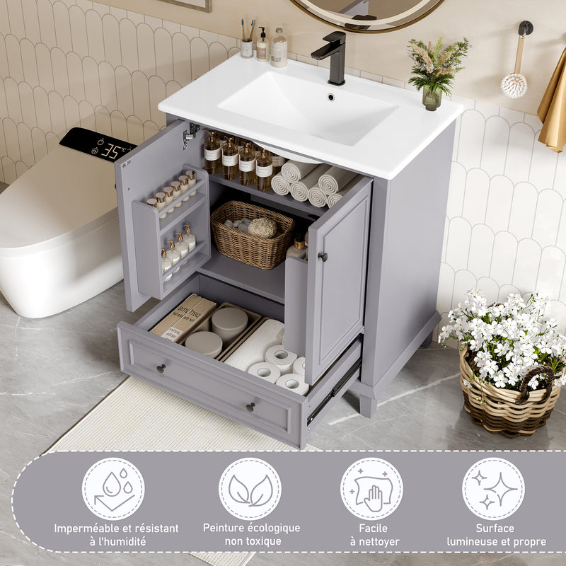 Meuble vasque gris sur pied avec vasque en céramique intégrée, double portes, tiroir et étagères (robinet non inclus) GELATIN