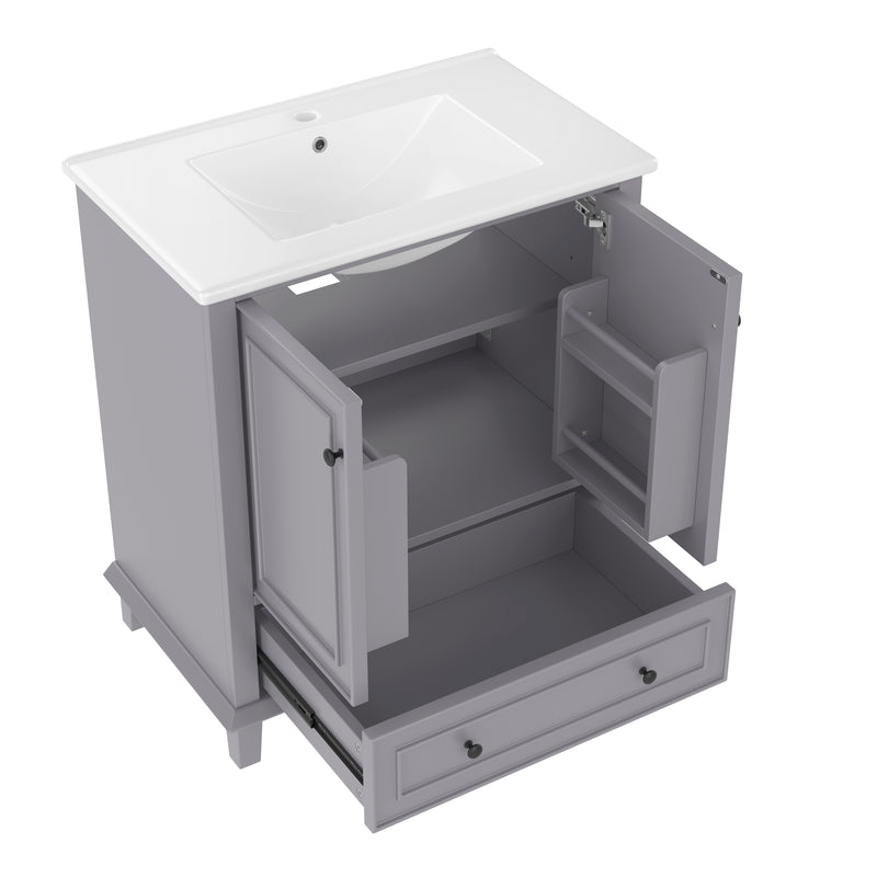 Meuble vasque gris sur pied avec vasque en céramique intégrée, double portes, tiroir et étagères (robinet non inclus) GELATIN