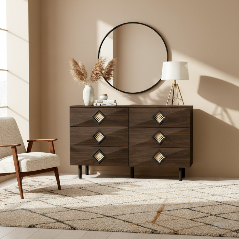 Buffet bois noyer à 6 tiroirs avec poignées en rotin et pieds en métal PETIOLAR