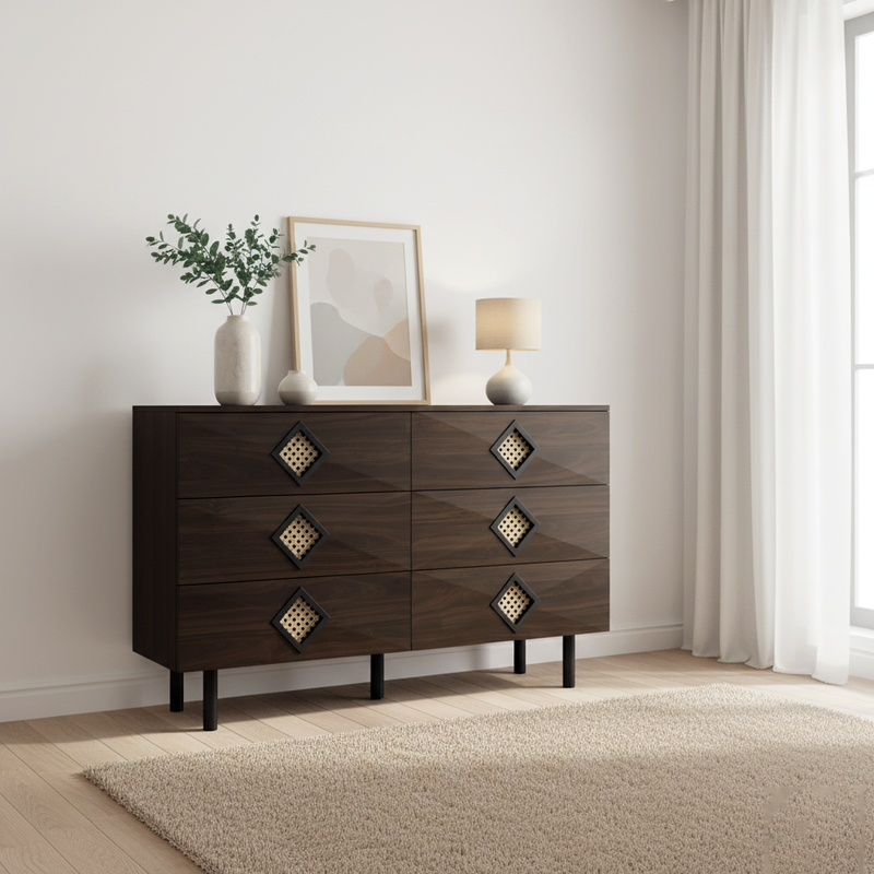 Buffet bois noyer à 6 tiroirs avec poignées en rotin et pieds en métal PETIOLAR