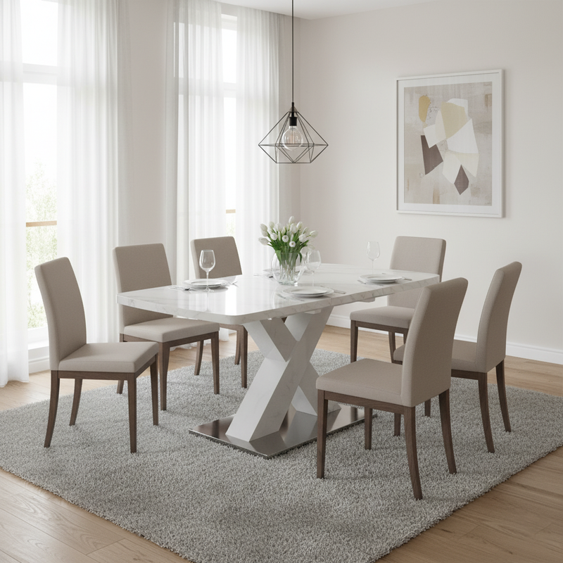 Table de salle à manger rectangulaire extensible 120-160cm, effet marbre blanc imprimé avec pied en forme X INFOCHEM