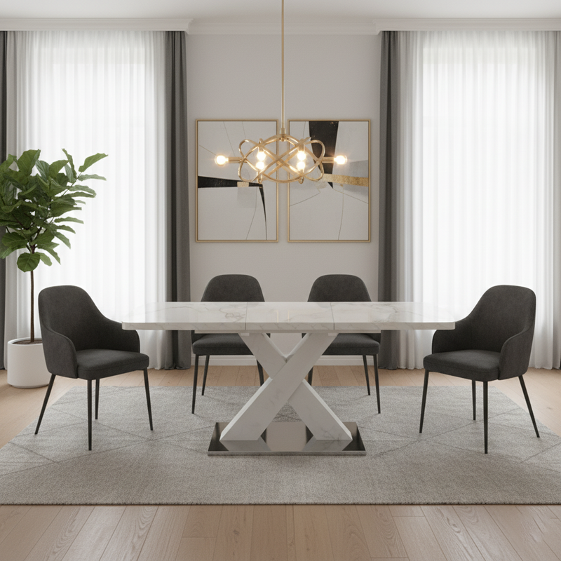 Table de salle à manger rectangulaire extensible 120-160cm, effet marbre blanc imprimé avec pied en forme X INFOCHEM