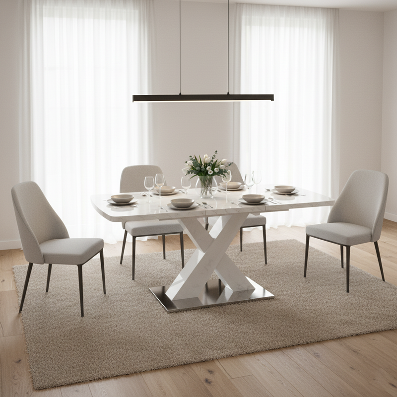 Table de salle à manger rectangulaire extensible 120-160cm, effet marbre blanc imprimé avec pied en forme X INFOCHEM