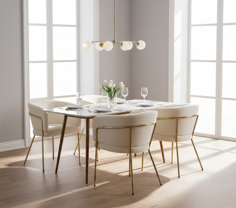 Chaise de salle à manger, chaise coiffeuse tissu bouclé beige, avec pieds métalliques dorés PETALVEIN