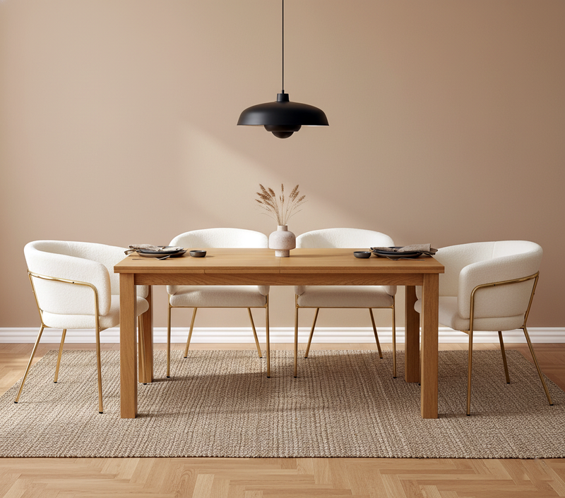 Chaise de salle à manger, chaise coiffeuse tissu bouclé beige, avec pieds métalliques dorés PETALVEIN