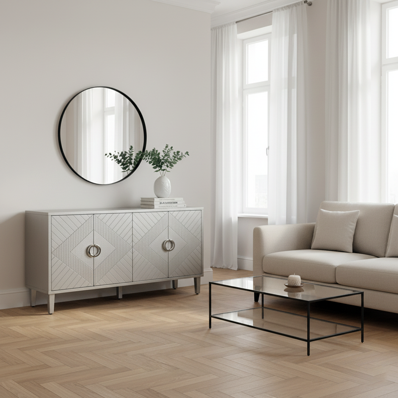 Buffet champagne argenté 4 portes poignées en alliage de zinc et façades à motif géométrique ENDOSPERM