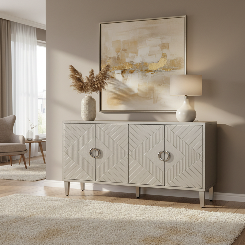 Buffet champagne argenté 4 portes poignées en alliage de zinc et façades à motif géométrique ENDOSPERM