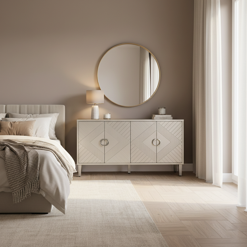 Buffet champagne argenté 4 portes poignées en alliage de zinc et façades à motif géométrique ENDOSPERM