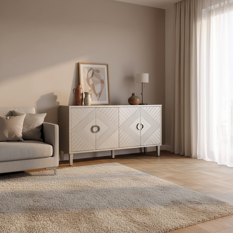 Buffet champagne argenté 4 portes poignées en alliage de zinc et façades à motif géométrique ENDOSPERM