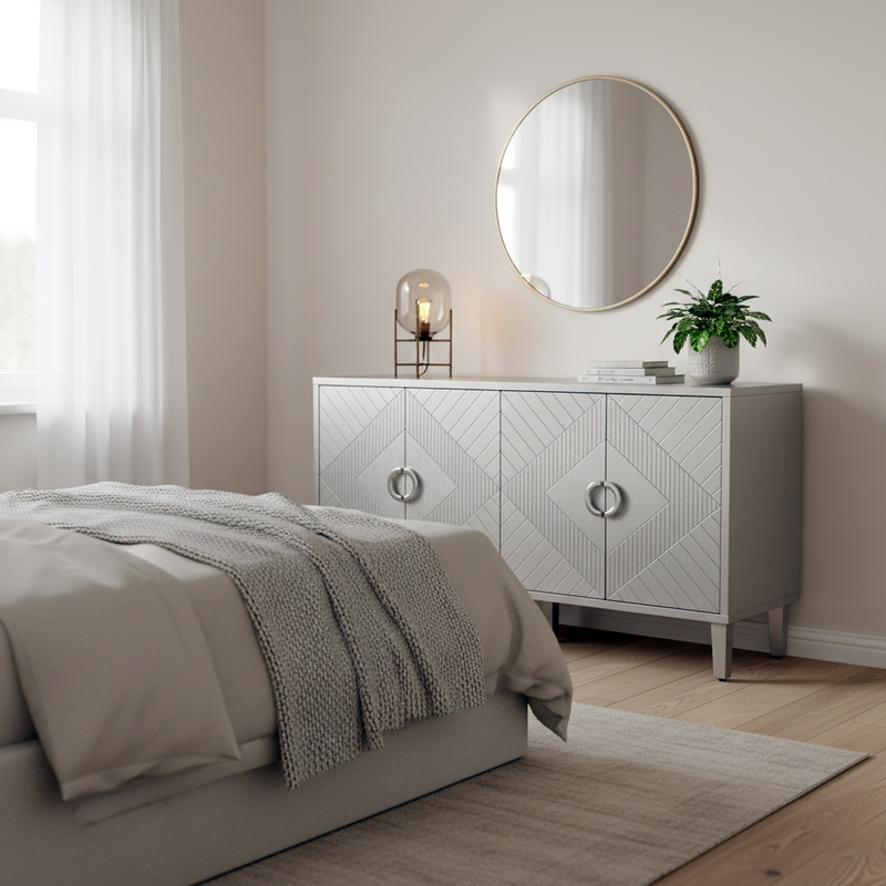 Buffet champagne argenté 4 portes poignées en alliage de zinc et façades à motif géométrique ENDOSPERM