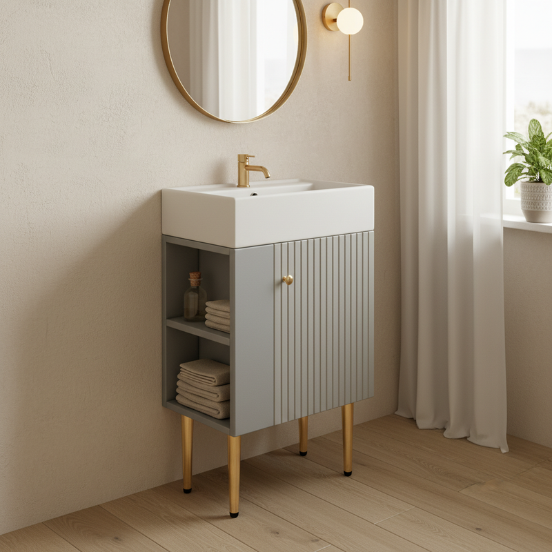 Meuble de salle de bain gris clair avec vasque blanc et pieds dorés (robinet non inclus) SCOPA