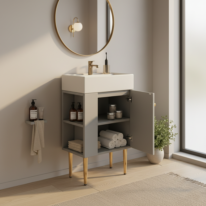 Meuble de salle de bain gris clair avec vasque blanc et pieds dorés (robinet non inclus) SCOPA